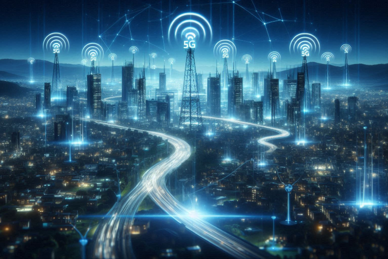5G altyapısıyla süper hızlı internet bağlantılarına sahip bir şehir. Akıllı şehirde veri iletiminde kullanılan 5G kuleleri ve baz istasyonları. 5G simgeleriyle dijital olarak bağlanmış modern bir şehir.