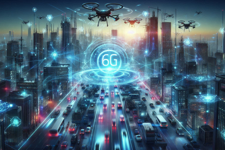 Geleceğin akıllı şehirlerinde 6G ağları ve ultra hızlı veri iletişimi. 6G'nin sunduğu yüksek hızlı bağlantılarla daha iyi çalışan bir şehir altyapısı. 6G simgeleri ve dijital ağlarla çevrili bir şehir manzarası.