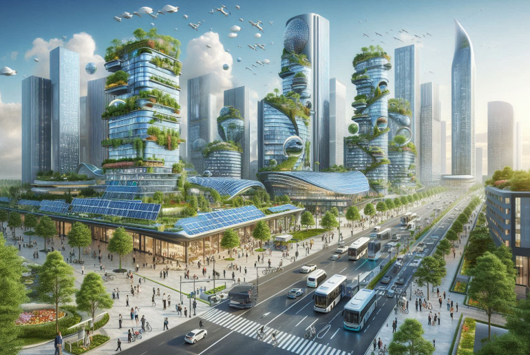 Akıllı şehirde IoT ile entegre edilmiş ve enerji verimli çalışan akıllı binalar. Bina içi enerji yönetimi, güvenlik ve konfor sistemlerini yöneten akıllı bina altyapısı. Dijital bina simgeleri ve IoT bağlantılarıyla aydınlatılmış şehir manzarası.