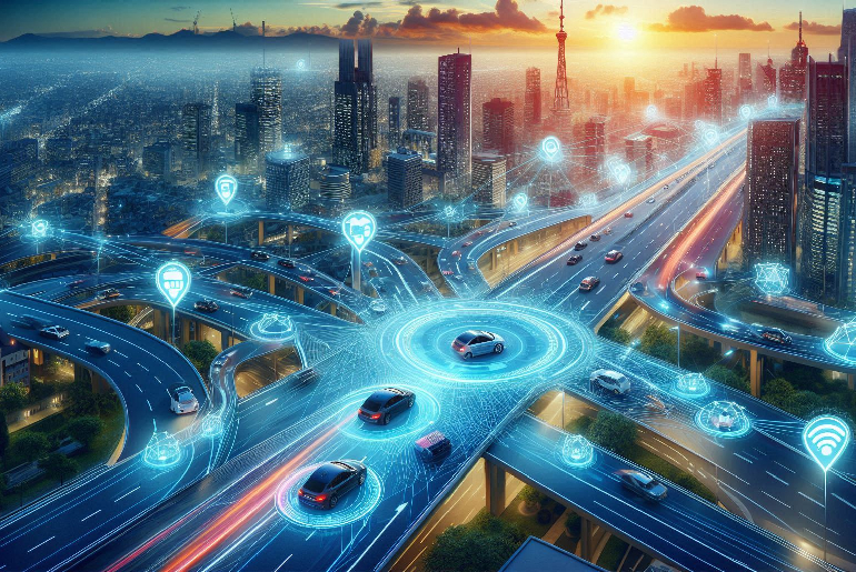 Akıllı şehirde IoT ile birbirine bağlı araçlar ve trafik yönetim sistemleri. Araçlar arası veri paylaşımı ve trafik kontrolünü temsil eden simgeler. Dijital bağlantı simgeleriyle dolu modern bir şehir.