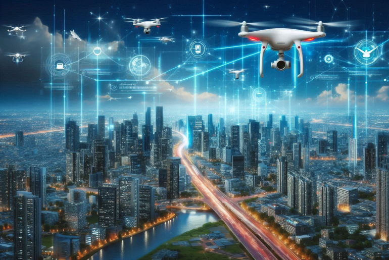 Akıllı şehirde dronlar ile yapılan hava gözlemi, veri toplama ve lojistik. Şehir üzerinde uçan dronlar ve onların topladığı dijital veriler. Gökyüzünde dronların yer aldığı modern bir şehir manzarası.