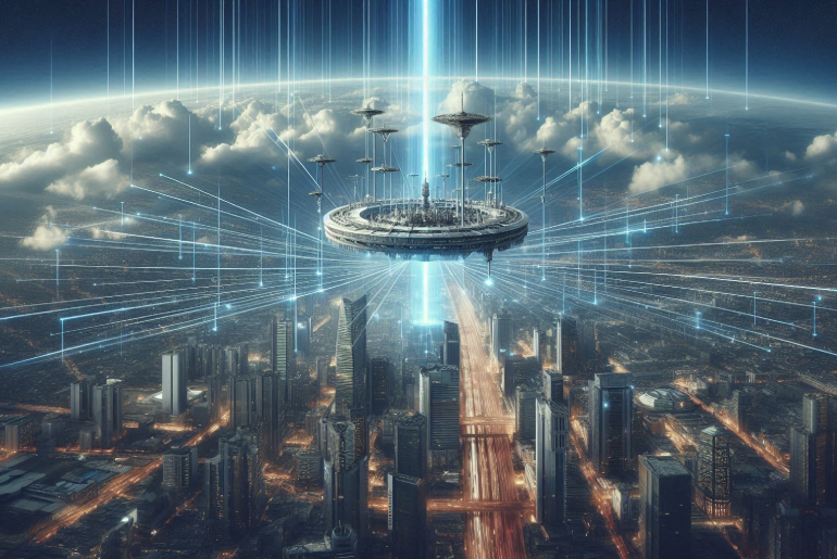 Gökyüzünde süzülen yüksek irtifa platformlarıyla şehre internet sağlayan HAPS teknolojisi. Bir şehrin üzerinde veri bağlantılarıyla dolu HAPS balonları ve hava platformları. Güneş batarken, gökyüzünde asılı HAPS teknolojisini gösteren şehir manzarası.