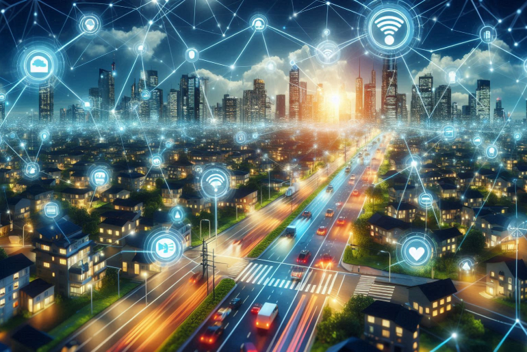 Akıllı şehirdeki evler ve araçlar arasında IoT cihazlarıyla bağlantılı bir ağ. Modern şehir altyapısında IoT sensörleriyle veri toplama ve analiz. Güneşin battığı bir şehir manzarasında yer alan dijital ağ bağlantıları.