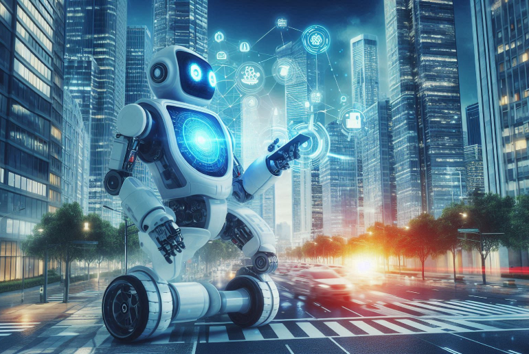 Akıllı şehirde endüstriyel ve hizmet robotlarıyla otomasyonun sağlanması. Şehirde çeşitli görevleri yerine getiren robotlar. Robotik simgelerle dolu bir dijital şehir manzarası.