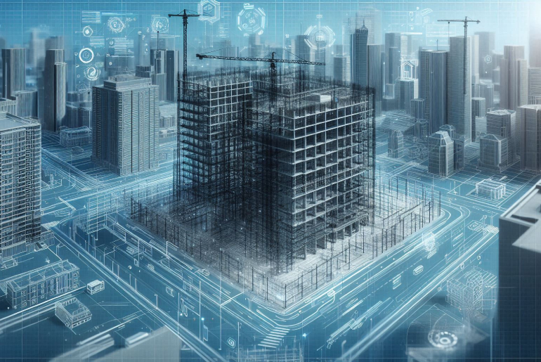 Akıllı şehirde inşaat projelerinde kullanılan dijital yapı bilgi modellemesi (BIM). Modern binaların 3D dijital modelleriyle inşa edilen akıllı şehir. BIM simgeleriyle dolu bir dijital inşaat alanı ve şehir manzarası.